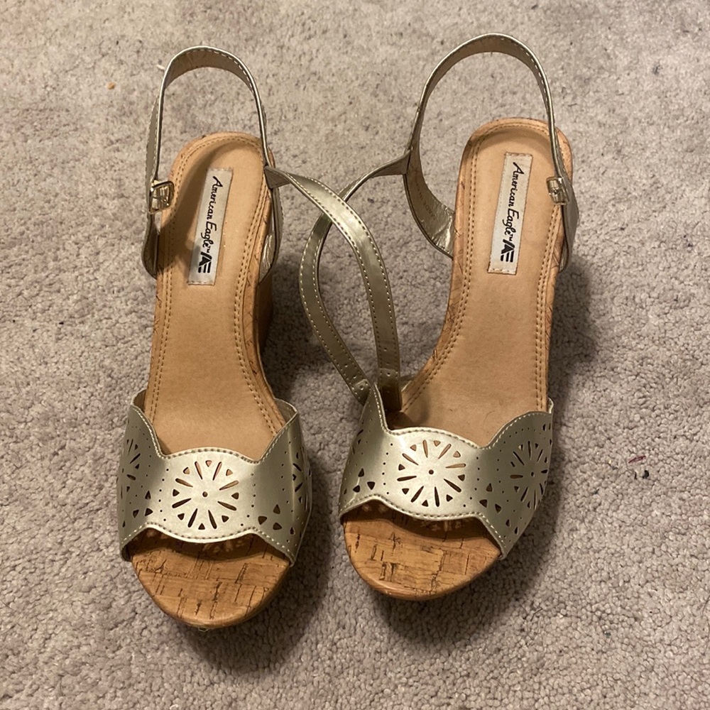Payless American Eagle gold wedge cork heels